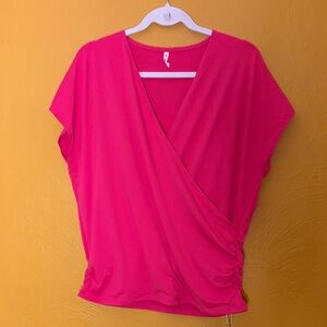 HALARA Bright Pink V Neck Cap Sleeve Crossover Ruched Solid Work Blouse Large